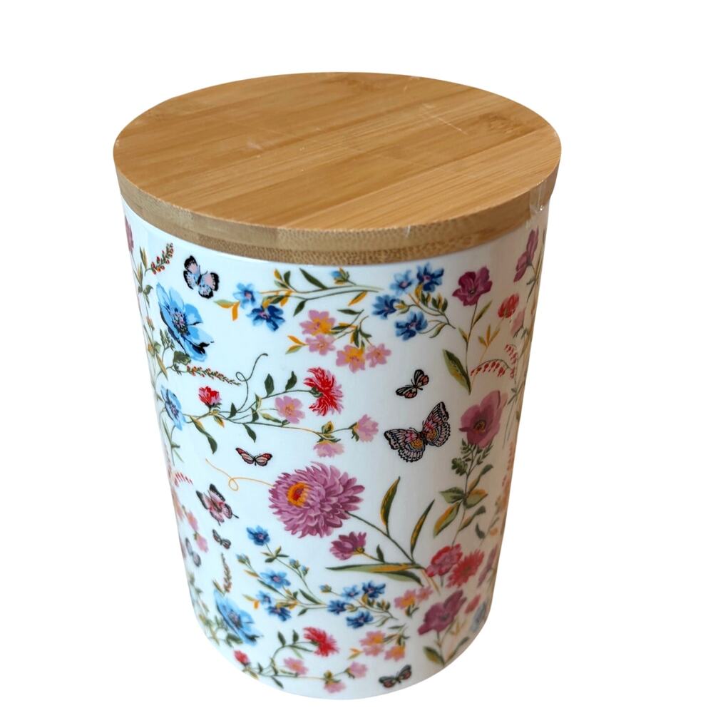 Grace Teaware Porcelain Canister w/ Wooden Lid Spring Floral Butterflies 8in NEW - Picture 2 of 15